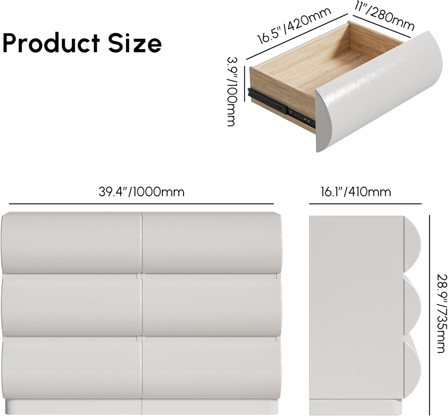 homary Modern 6 Drawers Dresser, 39.4' Wide Faux Leather Chest of Drawers with Modern Design, Storage Dressers Organizer for Bedroom Living Room Hallway, White
