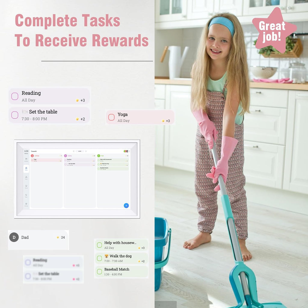 Digital Photo Frame 15.6' 64GB, Smart Electronic Calendar for Family Sharing To Do Chores Meal 30-Day Habit Planner Interactive Touch Screen Star Rewards,Wall and Desk Mountable for Seamless Scheduling