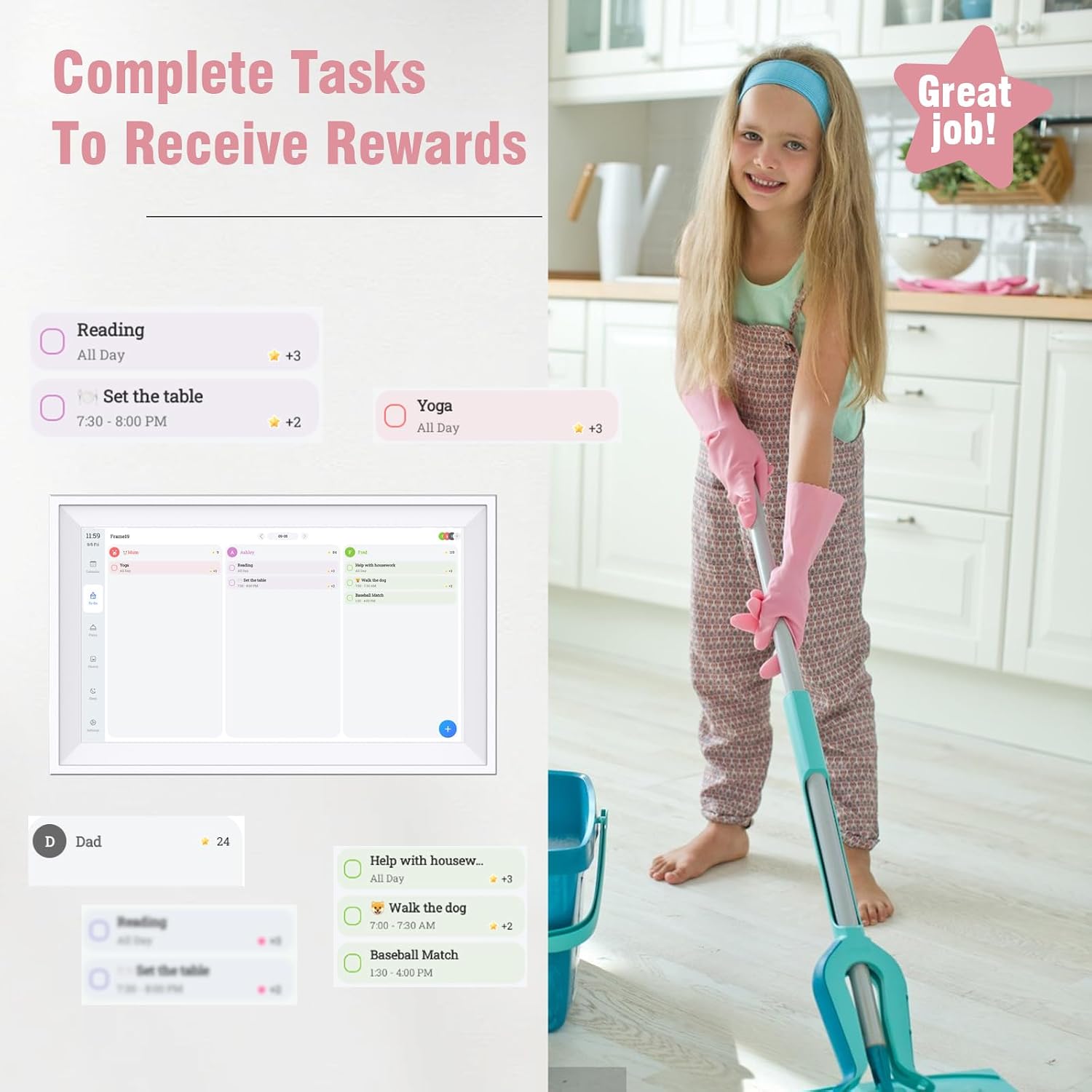 Digital Photo Frame 15.6' 64GB, Smart Electronic Calendar for Family Sharing To Do Chores Meal 30-Day Habit Planner Interactive Touch Screen Star Rewards,Wall and Desk Mountable for Seamless Scheduling