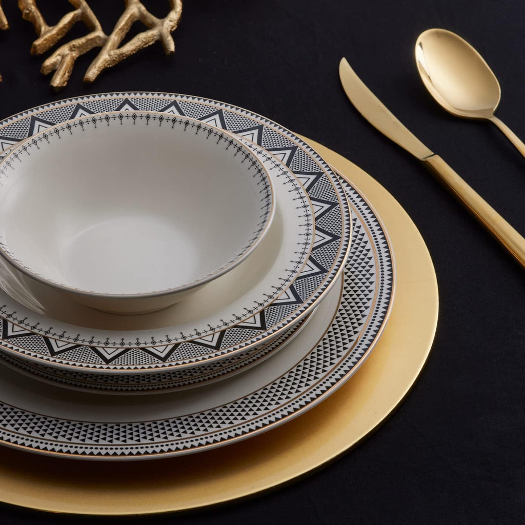 Karaca Globe 24-Piece Dinnerware Set for 6 People - Kitchen Dish Set for Salad, Soup, Pasta, Noodle & More - Modern Chic Porcelain Dishware Plate Set (White with Black Triangle Design)