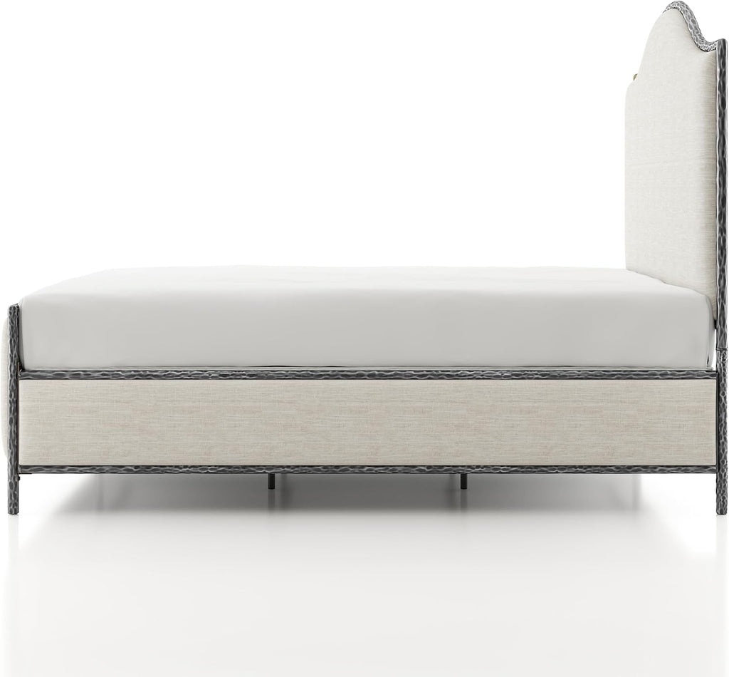 24/7 Shop at Home Lalia Hammered Metal 4-Piece Bedroom Collection, Upholstered Bed Frame with Camelback Headboard, Forged Steel, Bench and Curved Nightstands, Foundation Required, Queen, Matte Grey