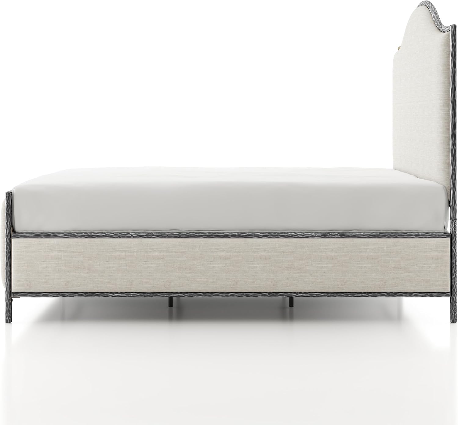 24/7 Shop at Home Lalia Hammered Metal 4-Piece Bedroom Collection, Upholstered Bed Frame with Camelback Headboard, Forged Steel, Bench and Curved Nightstands, Foundation Required, Queen, Matte Grey
