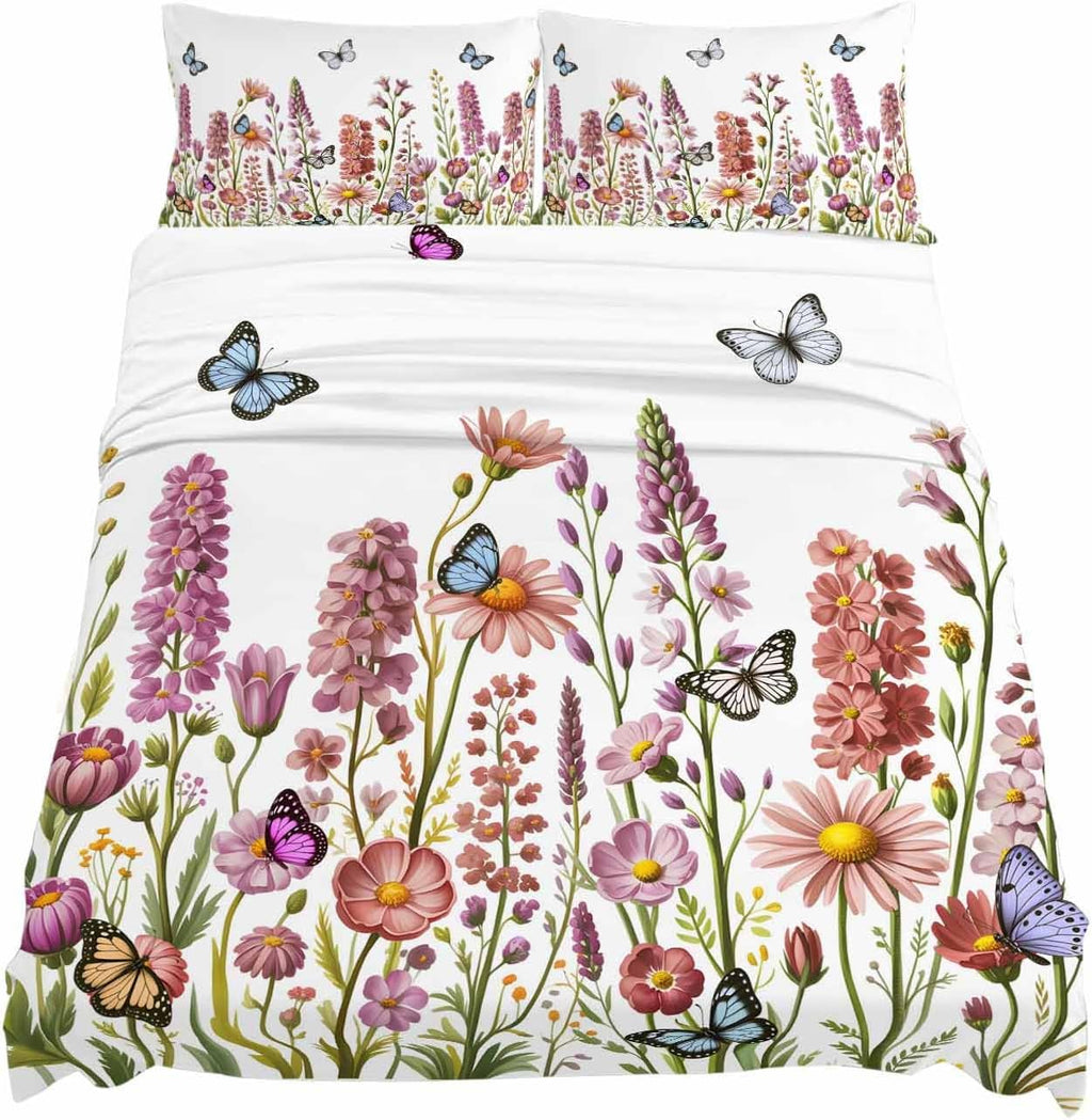Spring Floral Cal King Sheet Set 4 Piece Bedding - Watercolor Lavender Daisy Butterflies Botanical Breathable Comfy Cooling Bed Sheets & Pillowcase Sets, Hotel Flat Sheets Deep Pockets Fitted Sheet