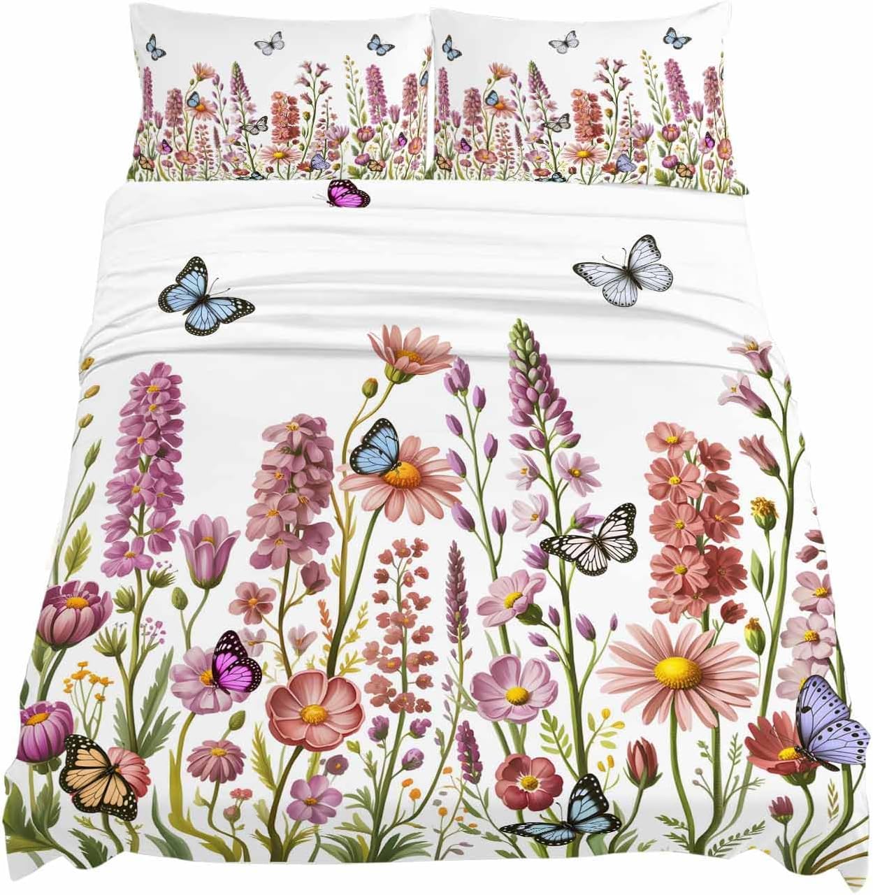 Spring Floral Cal King Sheet Set 4 Piece Bedding - Watercolor Lavender Daisy Butterflies Botanical Breathable Comfy Cooling Bed Sheets & Pillowcase Sets, Hotel Flat Sheets Deep Pockets Fitted Sheet