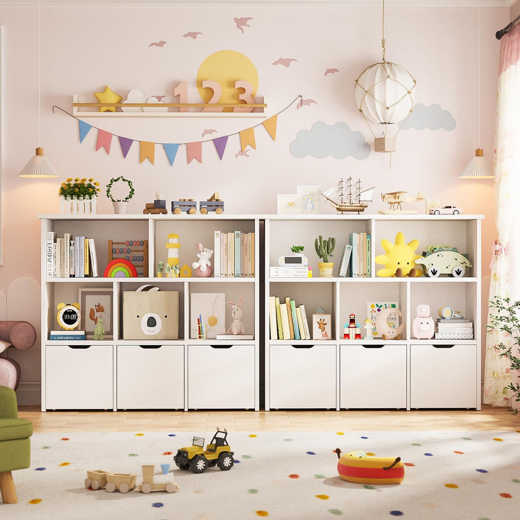Teckid 2-in-1 Kids Bookshelf and Toy Storage Organizer, Kids Storage Cabinet with 5 Open Cubbies and 3 Rolling Drawers, Multifunctional Toy Chest for Playroom Bedroom Living Room, White