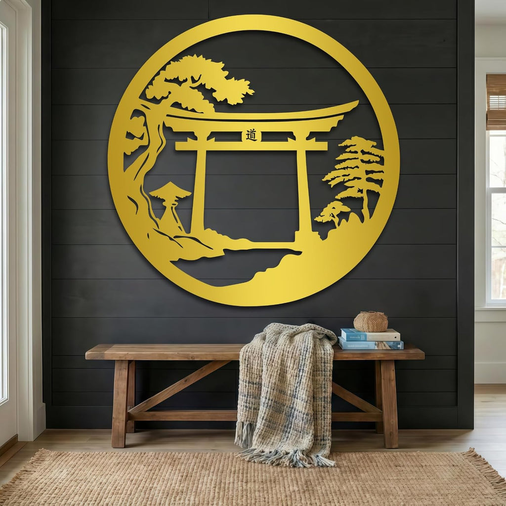 Maclou Bonsai Tree Metal Wall Art,Japanese Metal Wall Art,Torii Gate Wall Decor for Bedroom,Living Room,Bathroom,Out Door (Gold,30' x 30' / 76 x 76 cm)