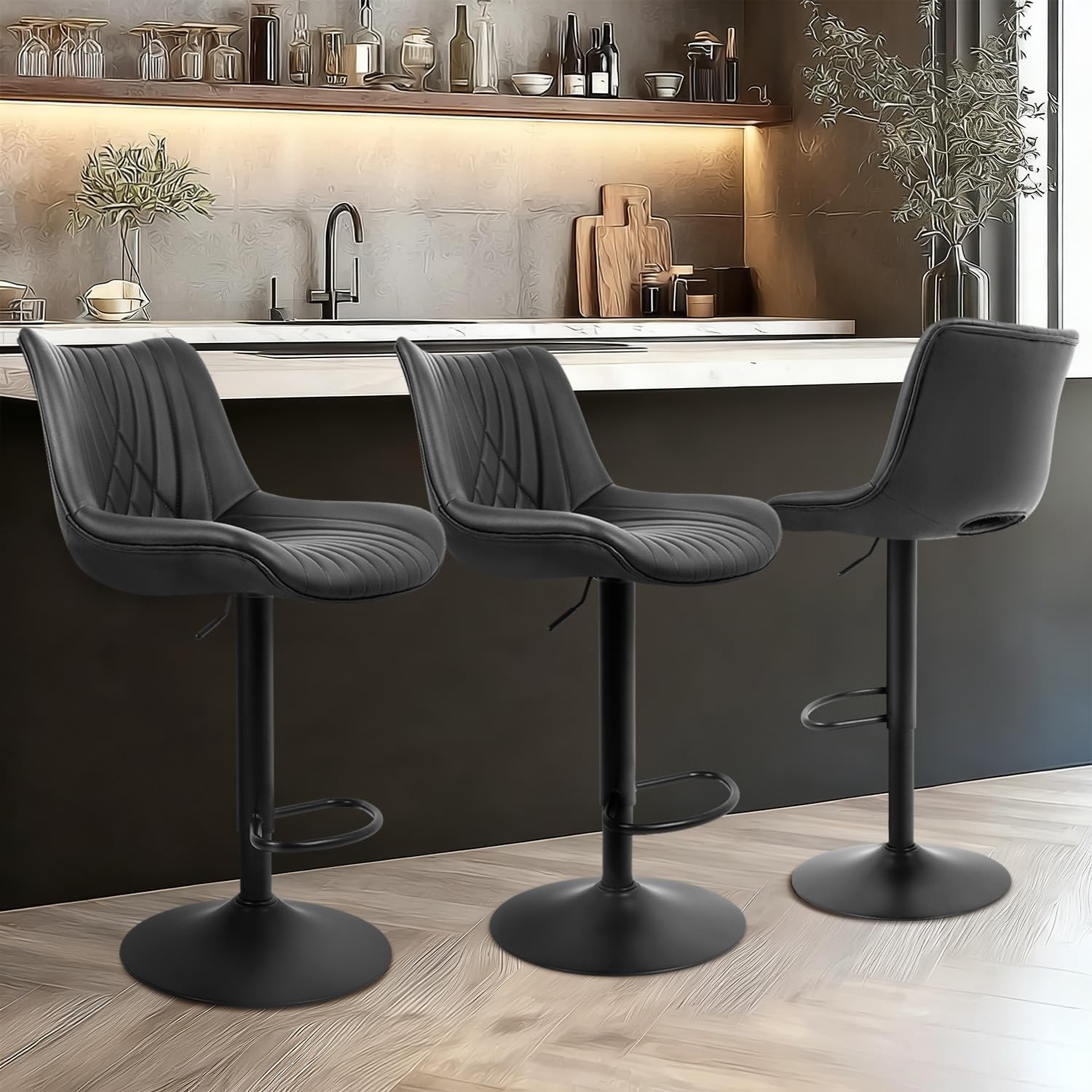Swivel Bar Stools Set of 4, Height Adjustable Counter Height Bar Stools with Open Back and Footrest, Premium Faux PU Leather, Modern Upholstered Bar Chairs for Kitchen Island/Bar/Counter, Black