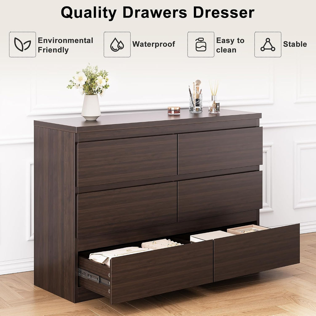 Jocoevol Modern 6 Drawer Dresser Brown Dresser for Bedroom, Simply Chest of Drawers, Wood Storage Dresser with Deep Drawers for Living Room Hallway Entryway, Brown