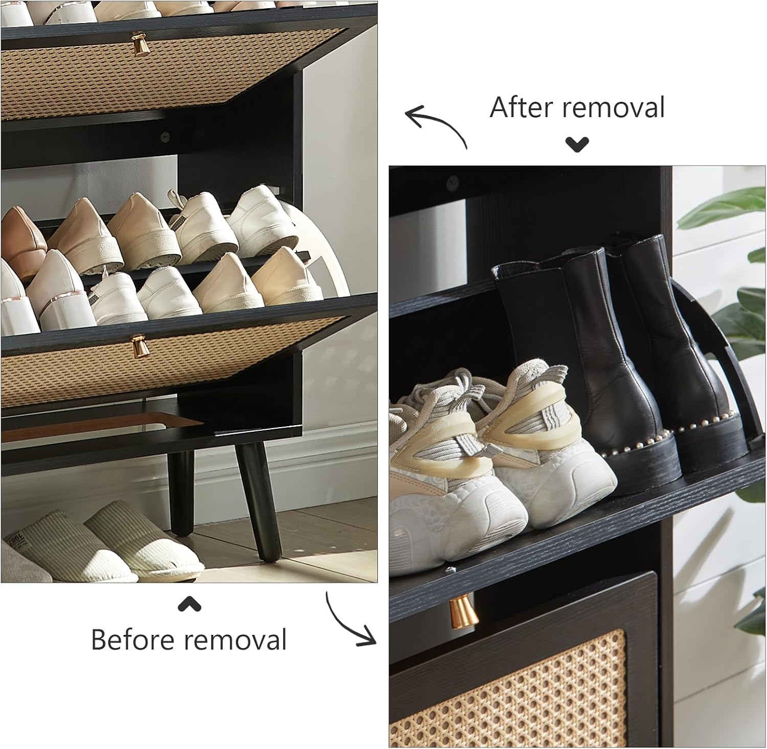 Shoe Storage Cabinet with 2 Flip Drawer Natural Rattan Shoe Cabinet Organizer Freestanding Wooden Shoe Rack Storage Cabinet with Metal Legs for Entryway Hallway Bedroom Mudroom(Black)