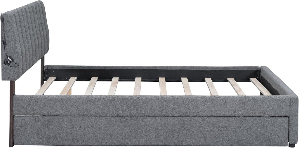 Teddy Fleece Queen Size Upholstered Platform Bed Frame for Boys Girls Kids Adults Toddler with Trundle, Gray