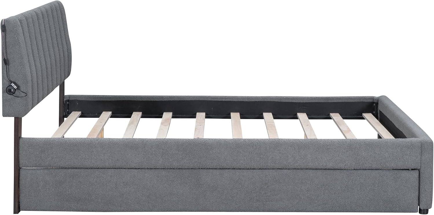 Teddy Fleece Queen Size Upholstered Platform Bed Frame for Boys Girls Kids Adults Toddler with Trundle, Gray