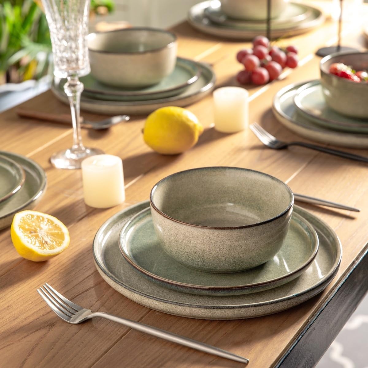 AmorArc Stoneware Dinnerware Sets,Round Reactive Glaze Ceramic Plates and Bowls Sets,Highly Scratch Resistant | Dishwasher & Microwave Safe,Service for 8 Dishes Set (24pc)