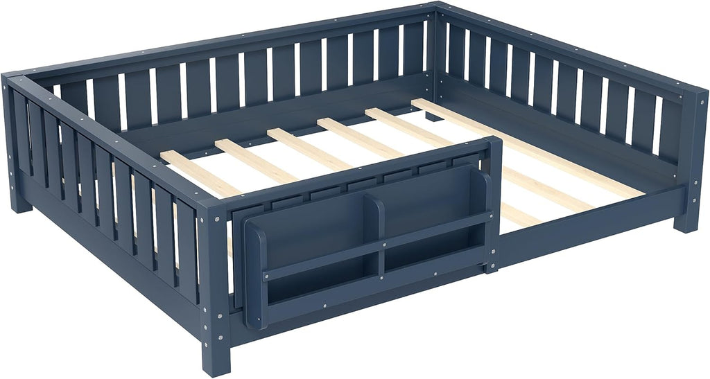 Bellemave Full Size Montessori Floor Bed with Slats and Fence, Full Size Montessori Bed with Rails and Bookcase, Easy Assemble Floor Beds Frame,Blue