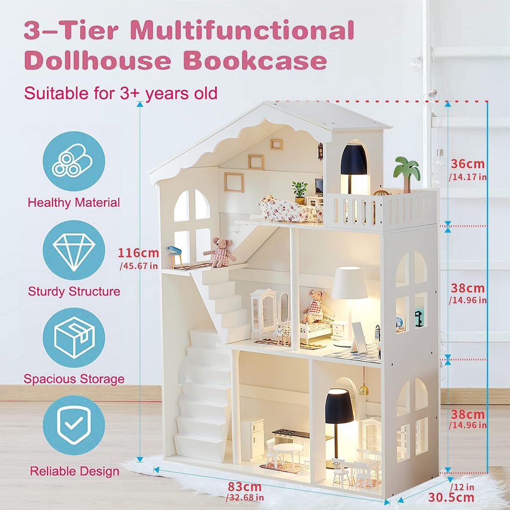Wooden Dollhouse Bookshelf 3-Tier Doll House Bookcase Kids Books Toys Dolls Storage Organizer Shelves for Children's Bedroom Playroom Kindergarten Nursery Gift for Boys Girls Ages 3-8 Years Old