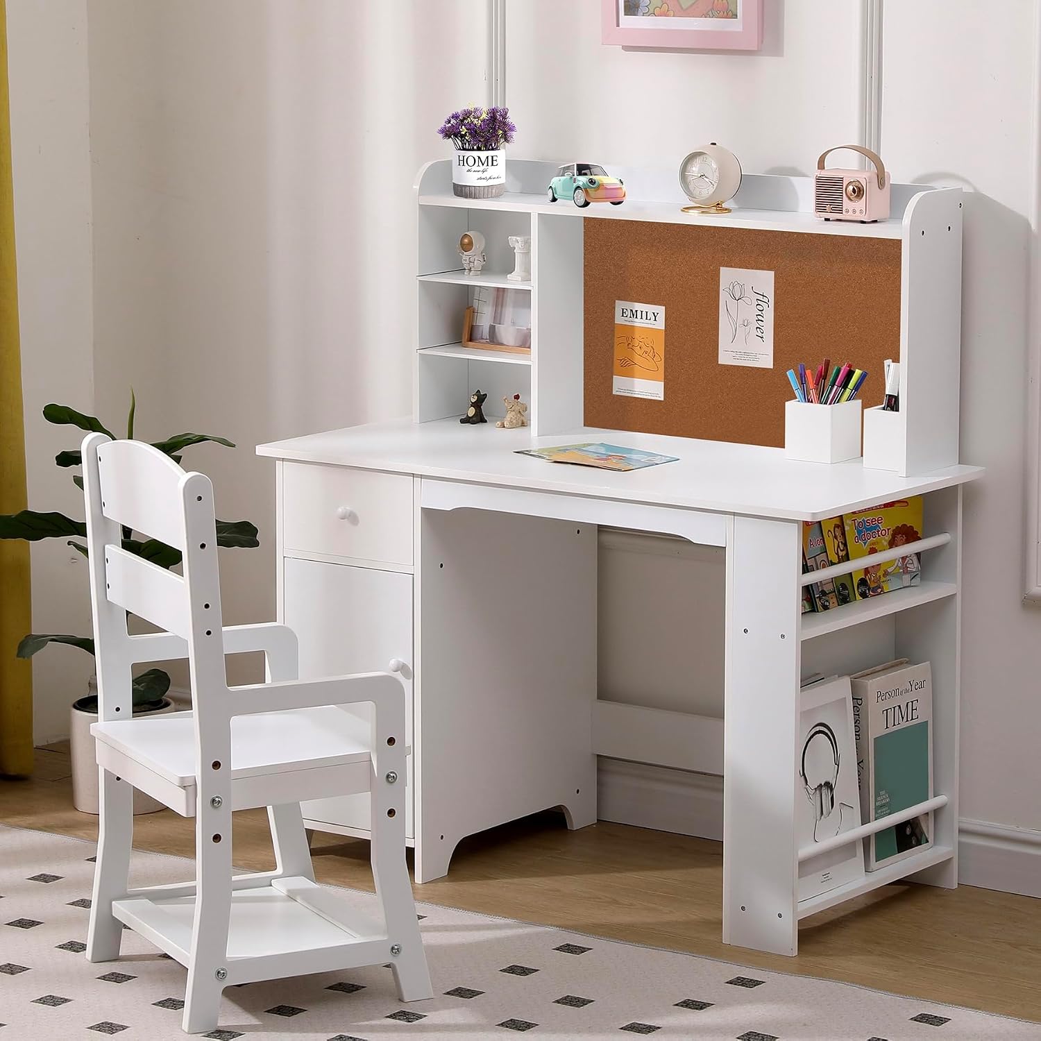 Garvee Kids Desk, Study Desk and Chair Set for Boys and Girl, Wooden Kids Writing Table with Bookshelf, Bulletin Board, Cabinet and Drawer for Ages 3-8, White