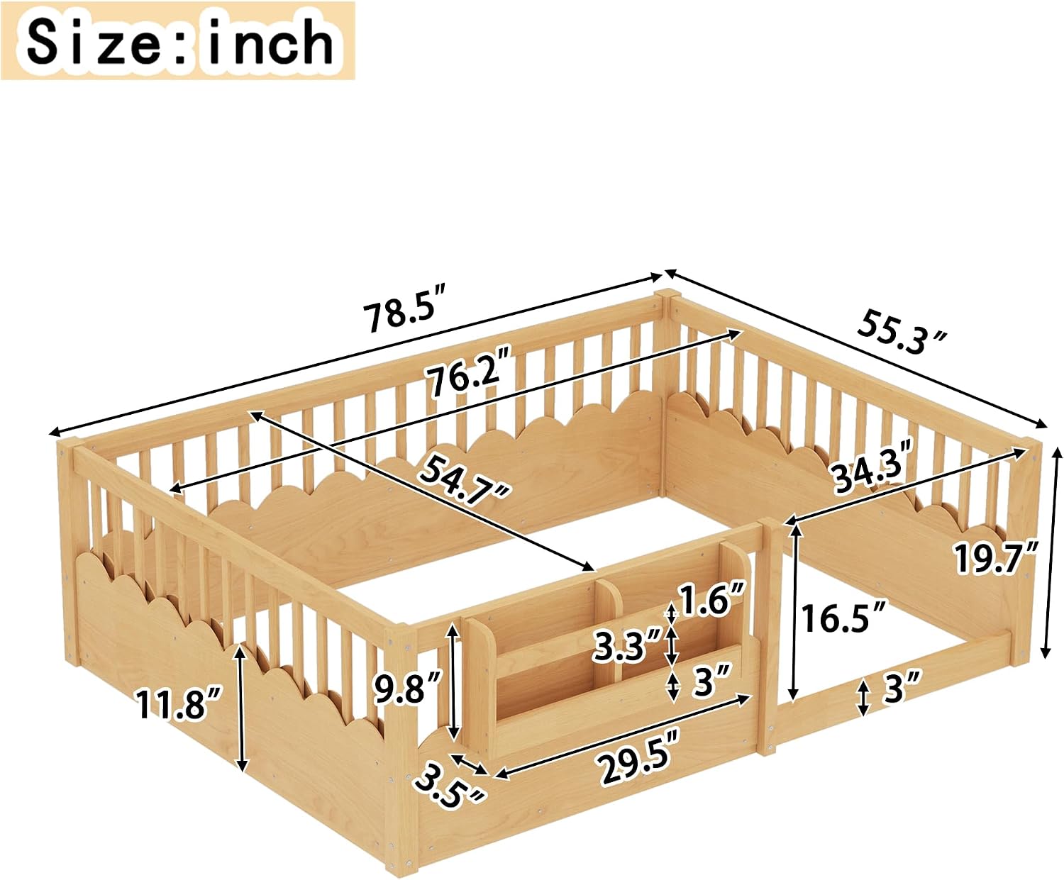 Bellemave Full Floor Bed with Bookshelf and Safety Guardrail