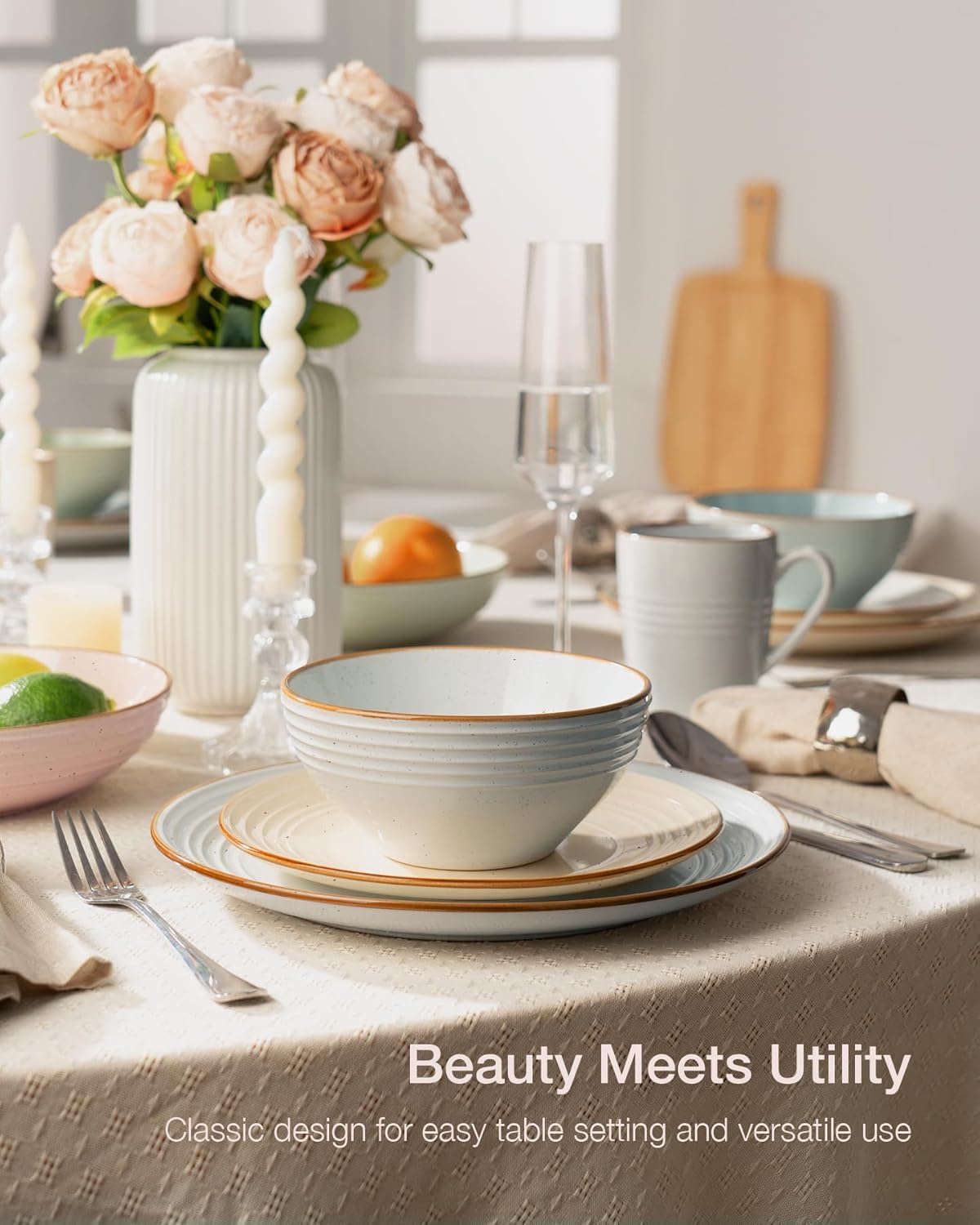 Famiware Jupiter 24-Piece Stoneware Dinnerware Set for 8, Handcrafted Plates and Bowls with Speckles & Embossed Swirls, Chip/Scratch Resistant, Microwave/Dishwasher Safe, Rustic Dishes, Multi-color