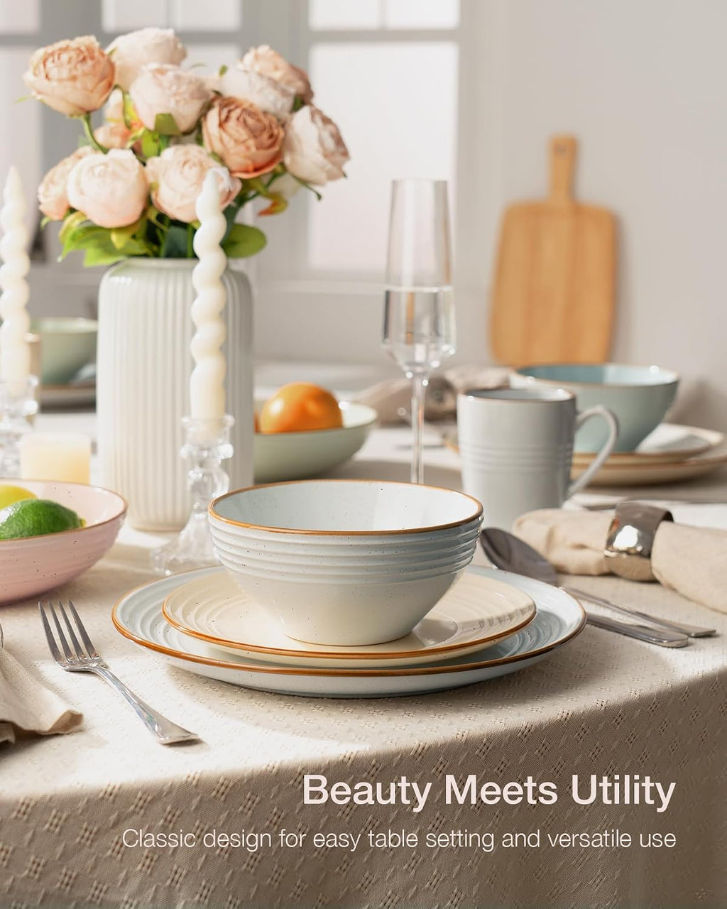Famiware Jupiter 16-Piece Stoneware Dinnerware Set - Includes Pasta Bowl & Dinner Plate, Handcrafted Dishes with Speckles & Embossed Swirls, Chip & Scratch Resistant, Service for 4, Multi-color
