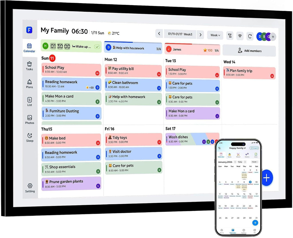Digital Calendar Wall Touch Screen 15.6' HD Smart Family Planner | Whole-Family Schedule Sync, Chore Rewards & Meal Planning, Zero Subscription Fees, Photo Frame