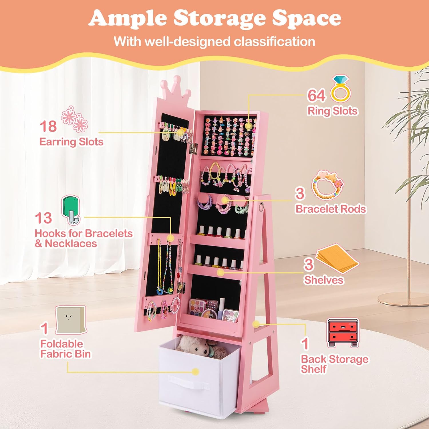 HONEY JOY 2 Piece Kids Vanity Set & Jewelry Armoire Cabinet, Crown Wooden Makeup Table & Chair Set, Dress Up Jewelry Organizer w/Full-Length Mirror, Kids Bedroom Furniture for Girls Playroom (Pink)
