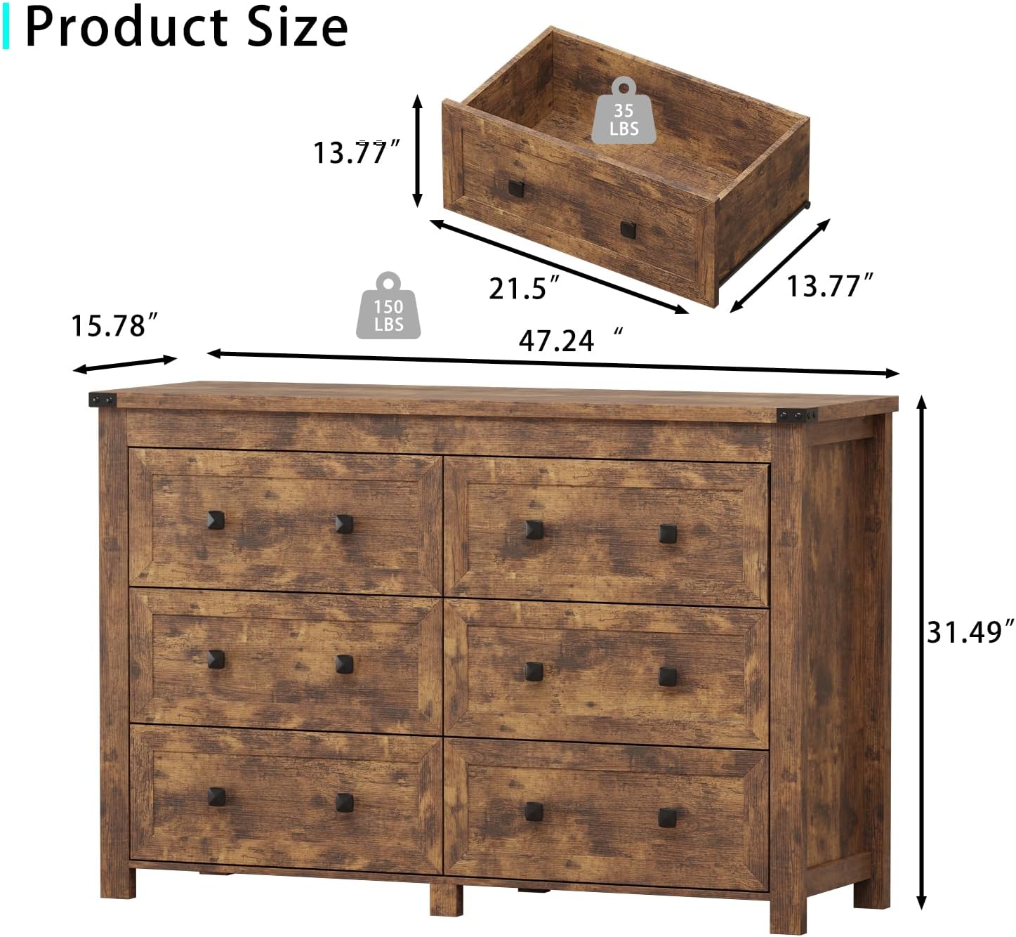 Wodeer 6 Drawer Dresser for Bedroom, Brown Modern Dressers & Chests of Drawers with Metal Handles, Closet Storage Dresser, Storage Cabinet and Organizer with Drawers