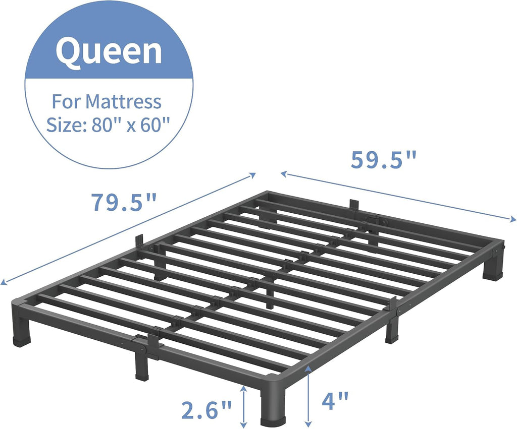 VIPSHOW 4 Inch Queen Bed Frame, 3500Lbs Heavy Duty Metal Platform with Round Corner Legs Mattress Slide Stopper, Steel Slat Support No Box Spring Needed, Noise Free, Non-Slip, Easy Assembly