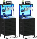 Furnulem Night Stand Set 2, Tall Nightstand with Charging Station and LED Lights, Bedside Tables with 4 Fabric Drawers and Storage Shelves, Black Nightstand Set of 2 for Bedroom (Black Oak)
