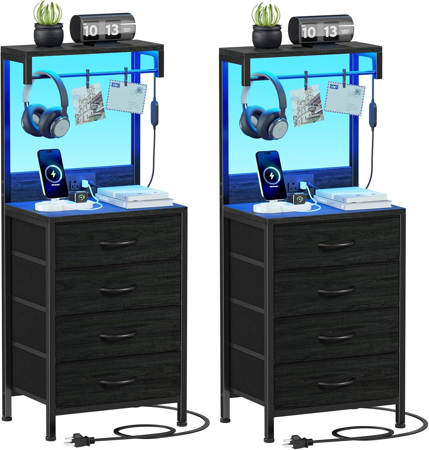 Furnulem Night Stand Set 2, Tall Nightstand with Charging Station and LED Lights, Bedside Tables with 4 Fabric Drawers and Storage Shelves, Black Nightstand Set of 2 for Bedroom (Black Oak)