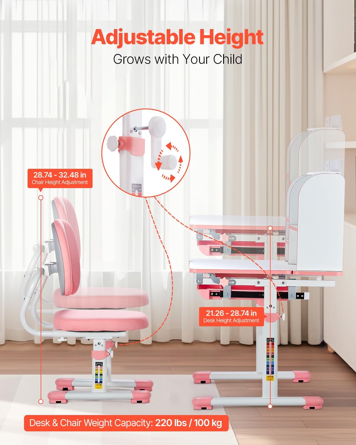 VEVOR Kids Study Chair and Desk Set, Study Desk and Chair for Kids with Bookshelf & Storage Drawer, Adjustable Height & 0-40° Tilted Desktop Desk and Chair, Study Table for Bedroom & Study Room, Pink