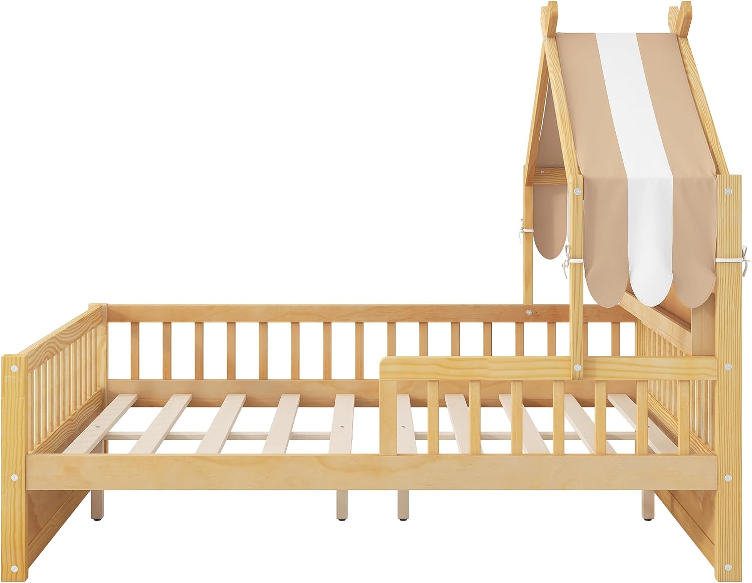 Merax Twin Size House Bed with Storage Headboard Shelf & Removable Canopy, Wooden Platform Bed Frame with Guardrail for Boys Girls Teens Bedroom Use, No Box Spring Needed, Natural