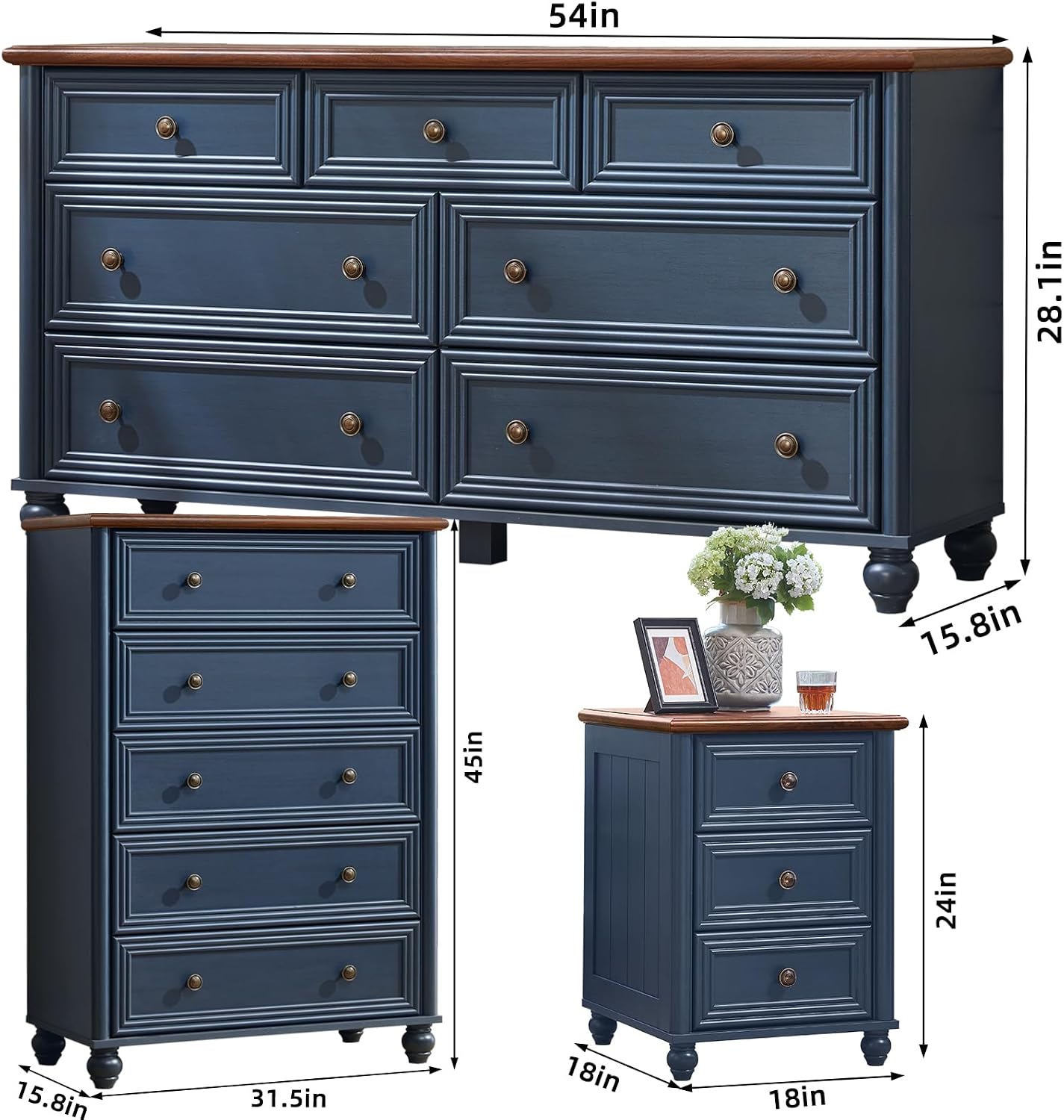 Farmhouse Dressers & Night Stand Set of 4, Wood 54' Wide 7 Drawer Dresser & 45' Tall Chest of Drawers, 18' Roman Column Nightstand Set of 2, Bedroom Furniture Dresser Sets for Home Living Room Hallway