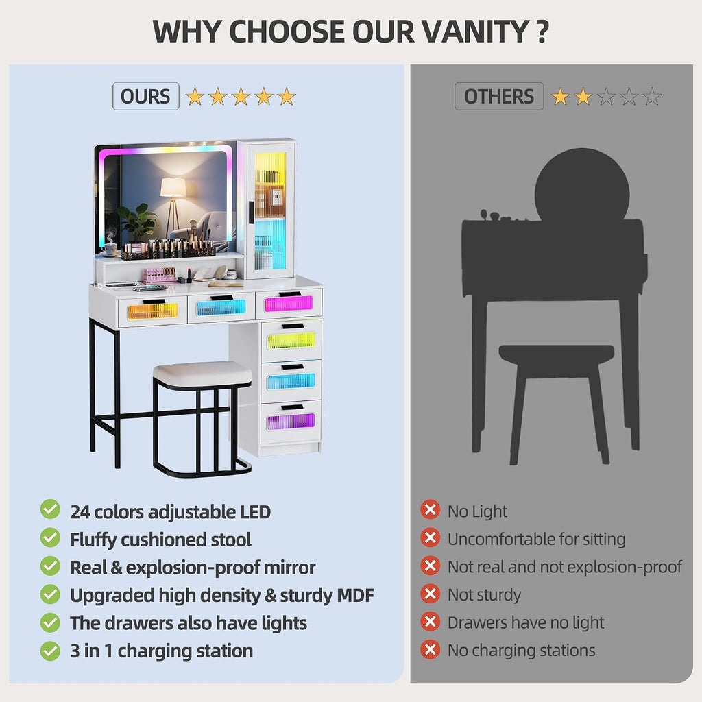 LED Make Up Vanity Desk with Mirror and Light, Smart Dressing Table with 6 Drawers, 3 Shelves, 24 Color Lighting Modes, Cushioned Stool, USB Type-C Storage for Bedroom Dressing Room White