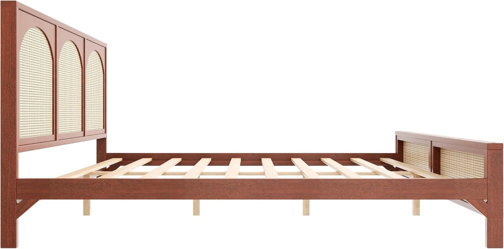JIVOIT King Size Platform Bed with Rattan Headboard and Footboard, Wood Platform Bed Frame with Wood Slats Support, No Box Spring Needed, Easy Assembly (Walnut+Beige,King)