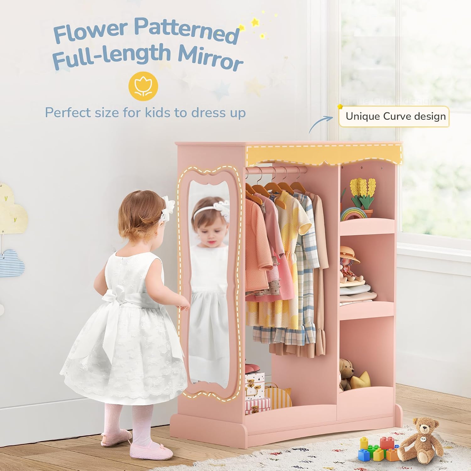 Curipeer Kids Dress Up Storage with Flower Mirror, Open Hanging Closet Wardrobe for Children, Kids Armoire & Costume Organizer for Bedroom Playroom Preschools Classroom, Pink