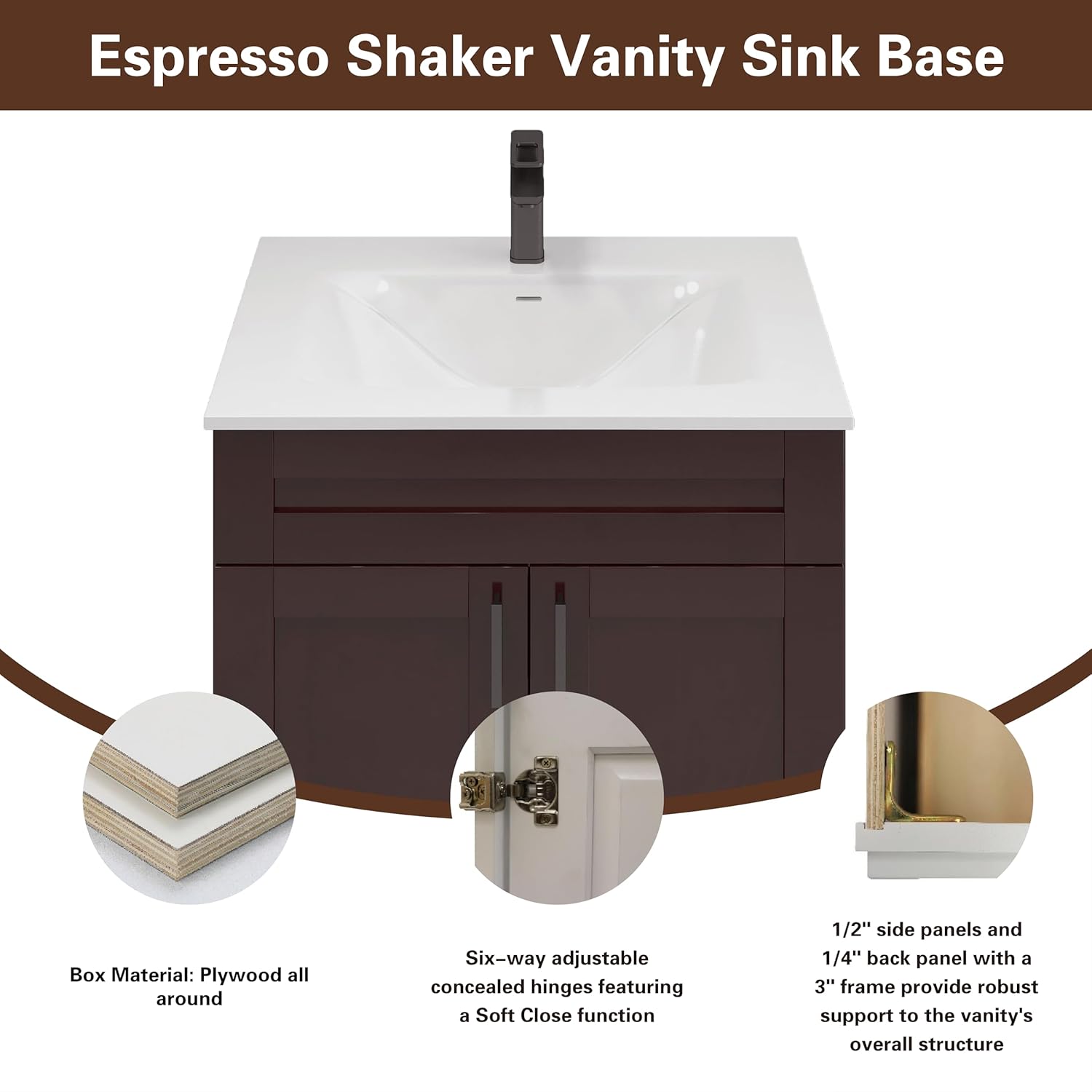 30' Espresso Shaker Bathroom Vanity Base – Ready-to-Assemble Sink Cabinet, Freestanding Bathroom Vanity Base Only, No Top or Sink