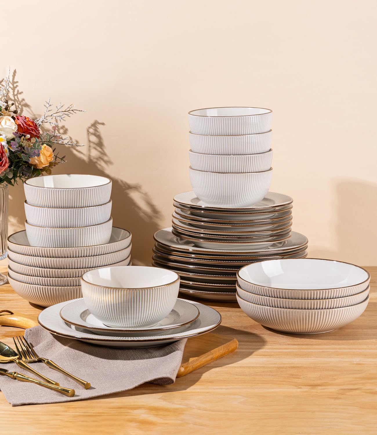 GBHOME Ceramic Dinnerware Sets, 32 pcs Embossed Elegant Stoneware Plates and Bowls Sets, Housewarming Wedding Gift | Dishwasher & Microwave Safe | Dishes Set Service for 8
