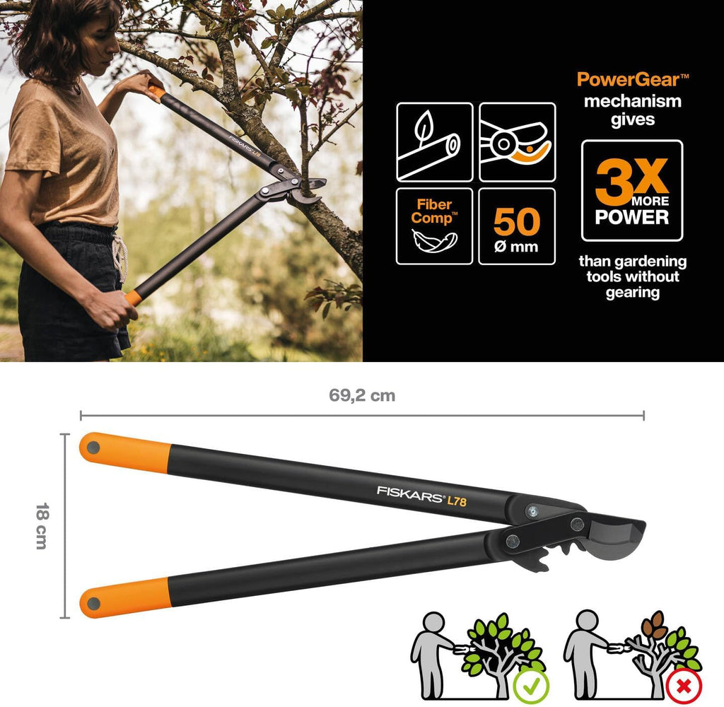 Fiskars PowerGear Lopper Bypass, Hook Head (L) L78, Power Gear II system, Non-stick coating, Cutting Diameter : 5 cm, Hardened steel, Length: 70 cm, Black/Orange, 1000584