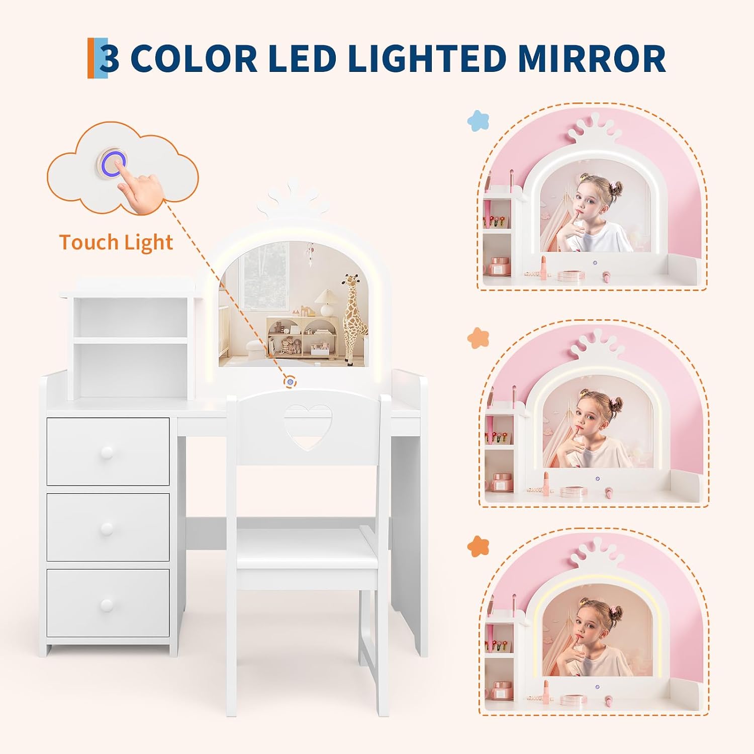 Garvee Kids Vanity with Lights, 2 in-1 Wooden Toddler Vanity Table with Stool & Drawer,Princess Pretend Play Makeup Vanity Princess Makeup Desk Dressing Table for Little Girls,Christmas Birthday Gift