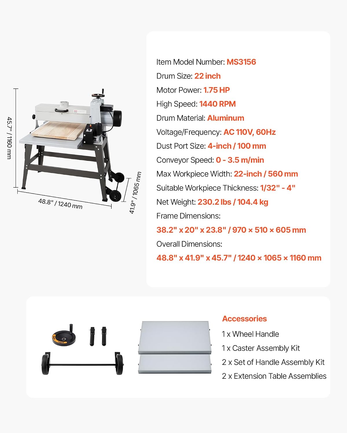 VEVOR 22' Drum Sander with Stand & Extension Tables, 1.75HP 1440RPM Dual Motor Drum Sander for Woodworking - Variable Speed Conveyor Belt, 4' Dust Collection Port for Cabinet & Furniture Finishing