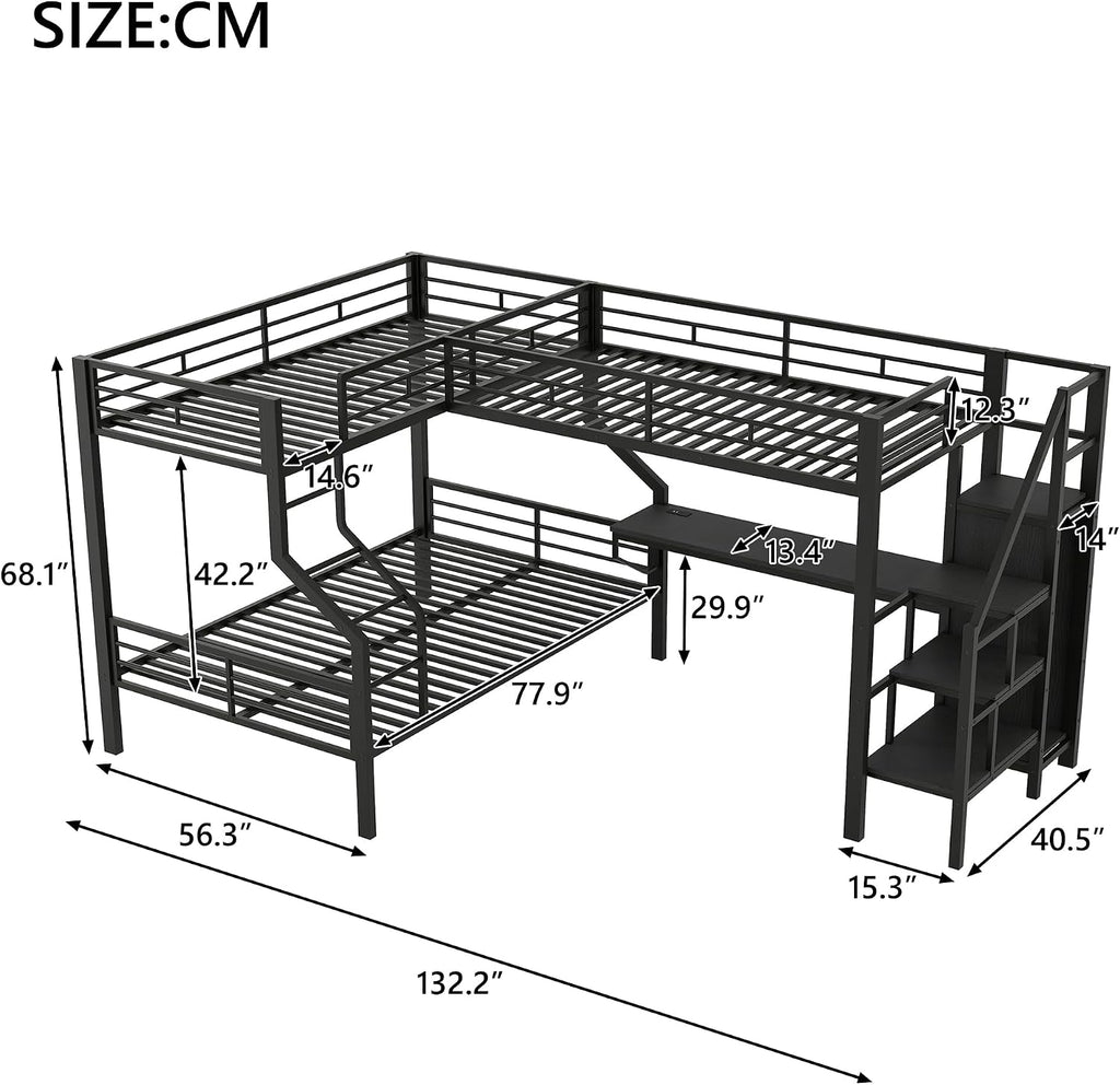 Merax Twin Over Full L-Shaped Metal Loft Bunk Bed with Built-in Desk, Storage Cabinet, and USB Charging Station – Modern Space-Saving Bedroom Set, Black