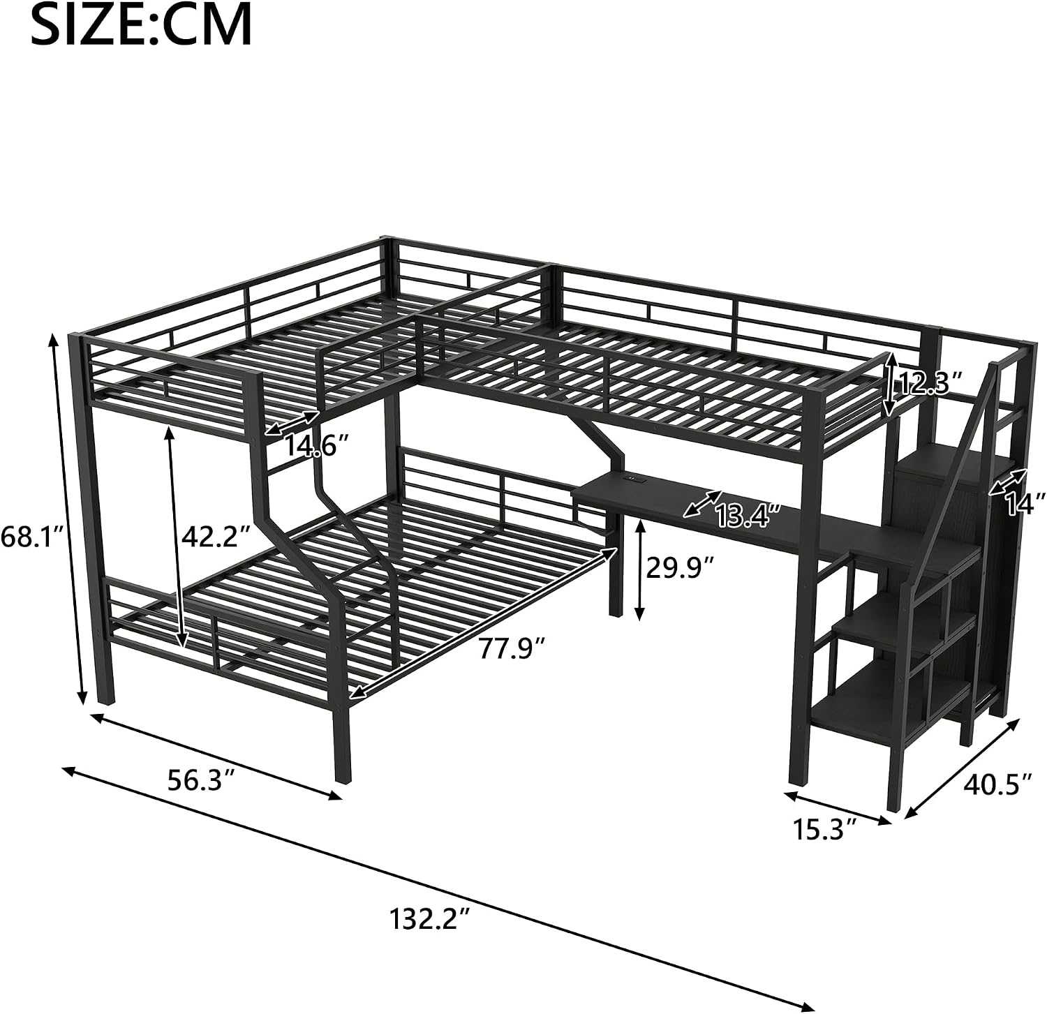 Merax Twin Over Full L-Shaped Metal Loft Bunk Bed with Built-in Desk, Storage Cabinet, and USB Charging Station – Modern Space-Saving Bedroom Set, Black
