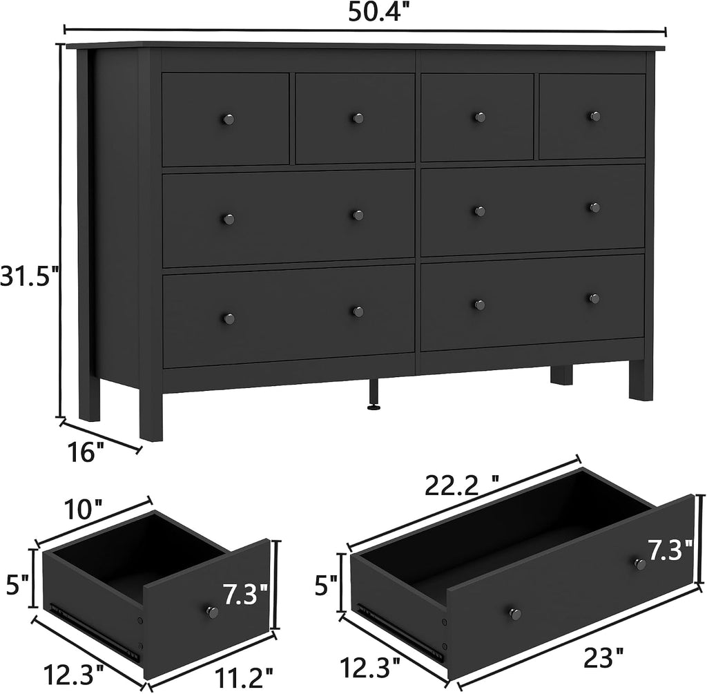 wanan 8 Drawer Dresser, 50' Modern Black Dressers Chests of Drawers, 8 Drawers Wide Dresser for Bedroom