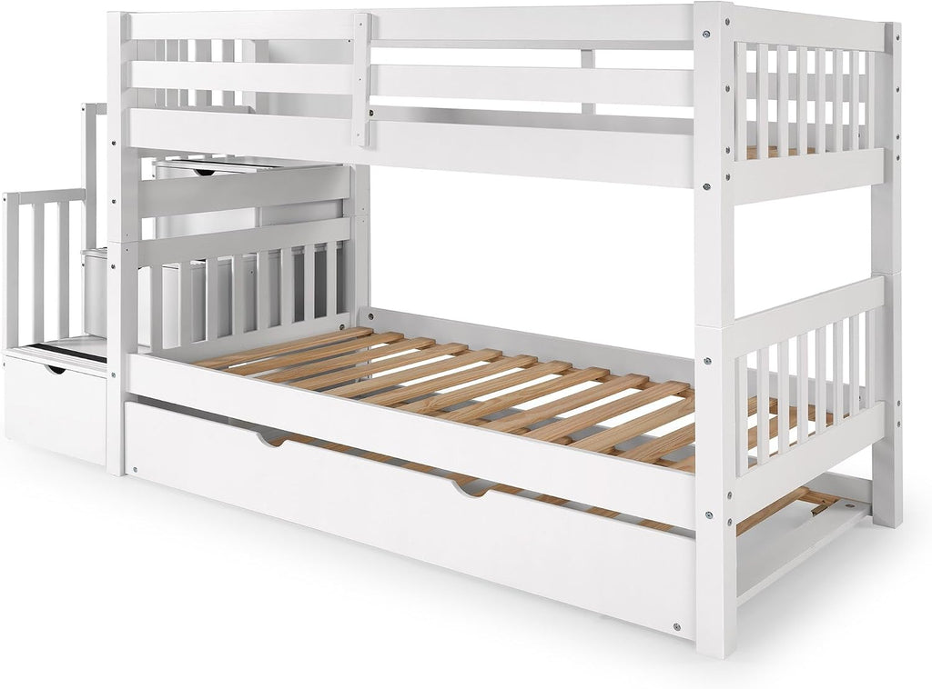 Bedz King Stairway Bunk Beds Twin Over Twin, 3 Step Drawers and a Twin Trundle, White