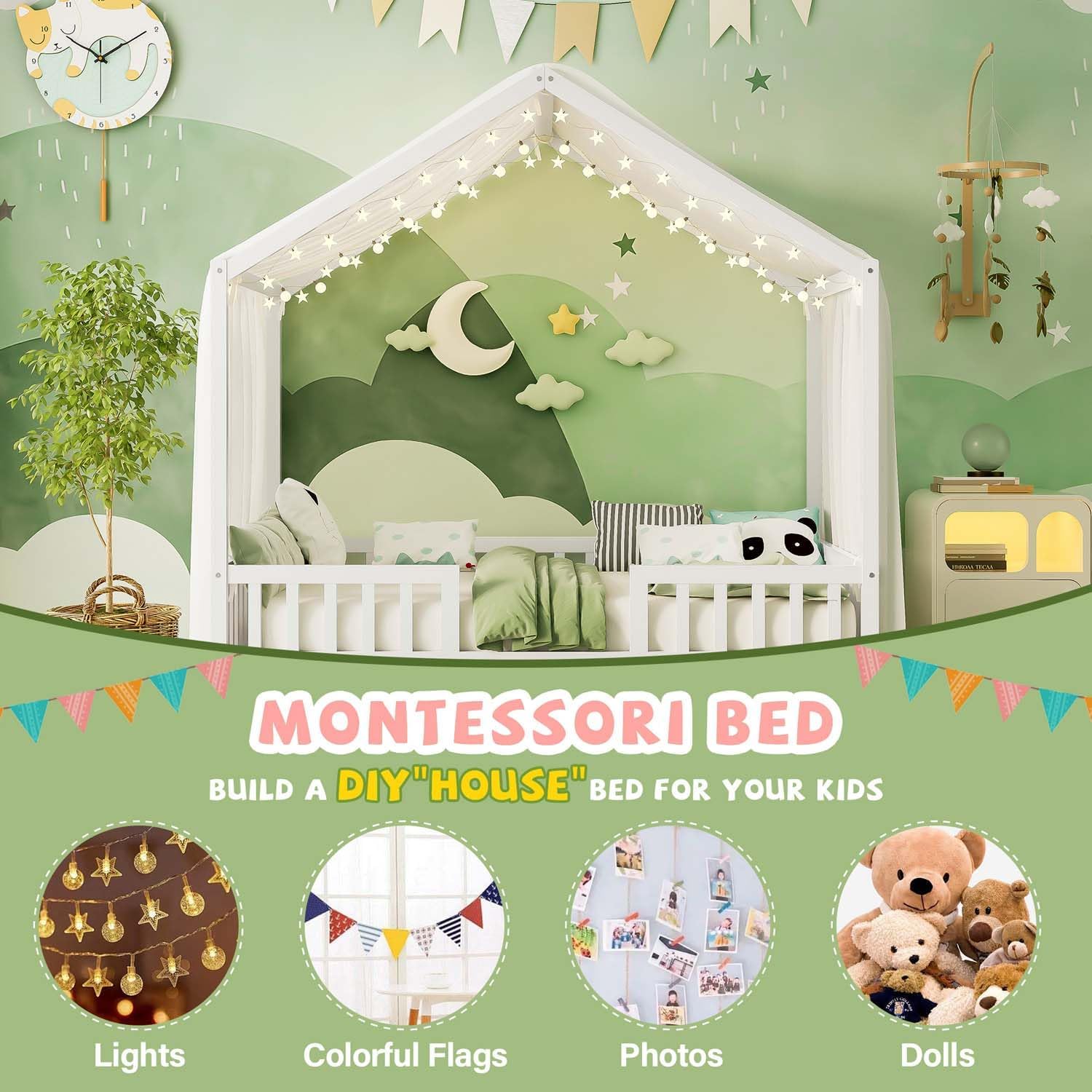 Cute Montessori Bed Frame Full Size with Canopy, Low Profile House Shape Bed with Safety Railing & Wood Slat Support, Kids Playhouse Bedframes for Boys Girls (White, Full)