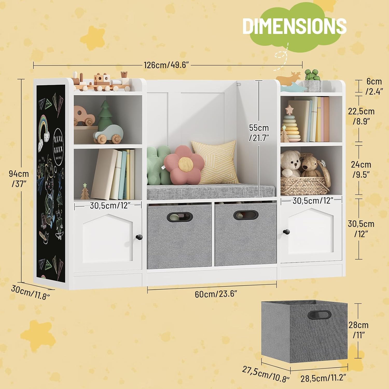 Toy Organizer and Storage, Kids Bookshelf with Seat Cushion and Chalkboard, 2 Movable Drawers, Toy Storage Box with Stuffed Animal Storage Cabinet for Kids Room, Playroom, White and Black