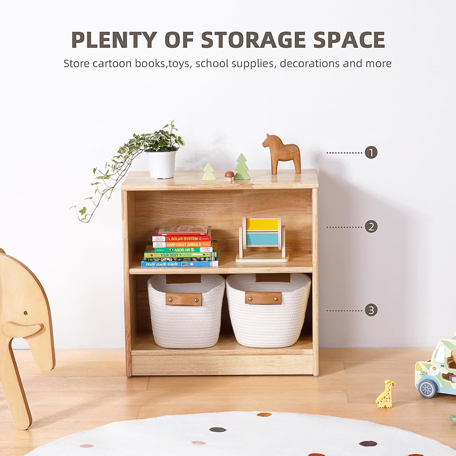 OOOK Rubber Wood Montessori Shelf and Toy Storage, 23.6' L, Compact Toddler Bookshelf for Small Space, Solid Wood Storage Cabinet Shelves for Classroom, Kindergarten, Kids Room, Playroom