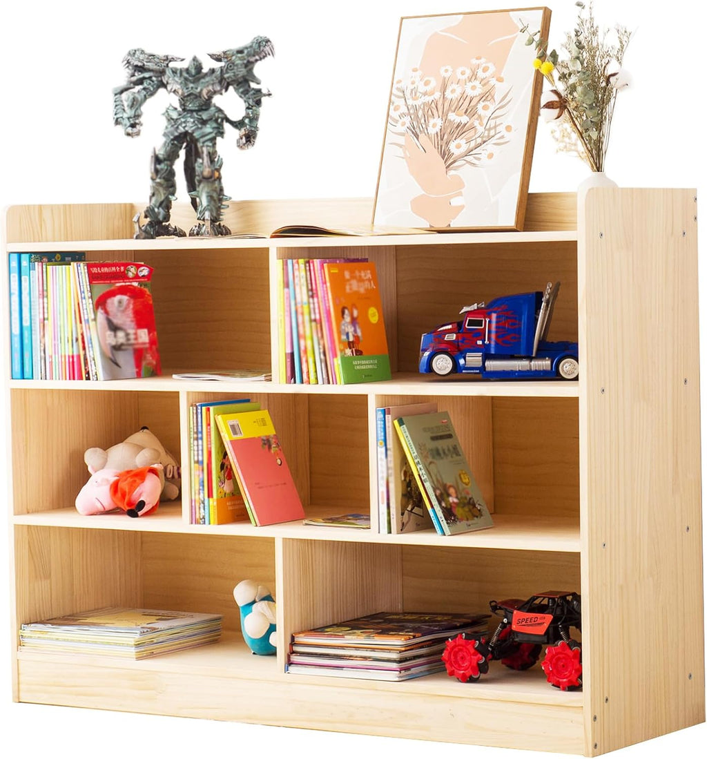 Wooden 7 Compartment Storage Cabinet Organizer Kids 3 Tier Wood Bookshelf School Storage Shelf Classroom Furniture for Kids Natural (47.24' L x 11.81' W x 35.43' H)