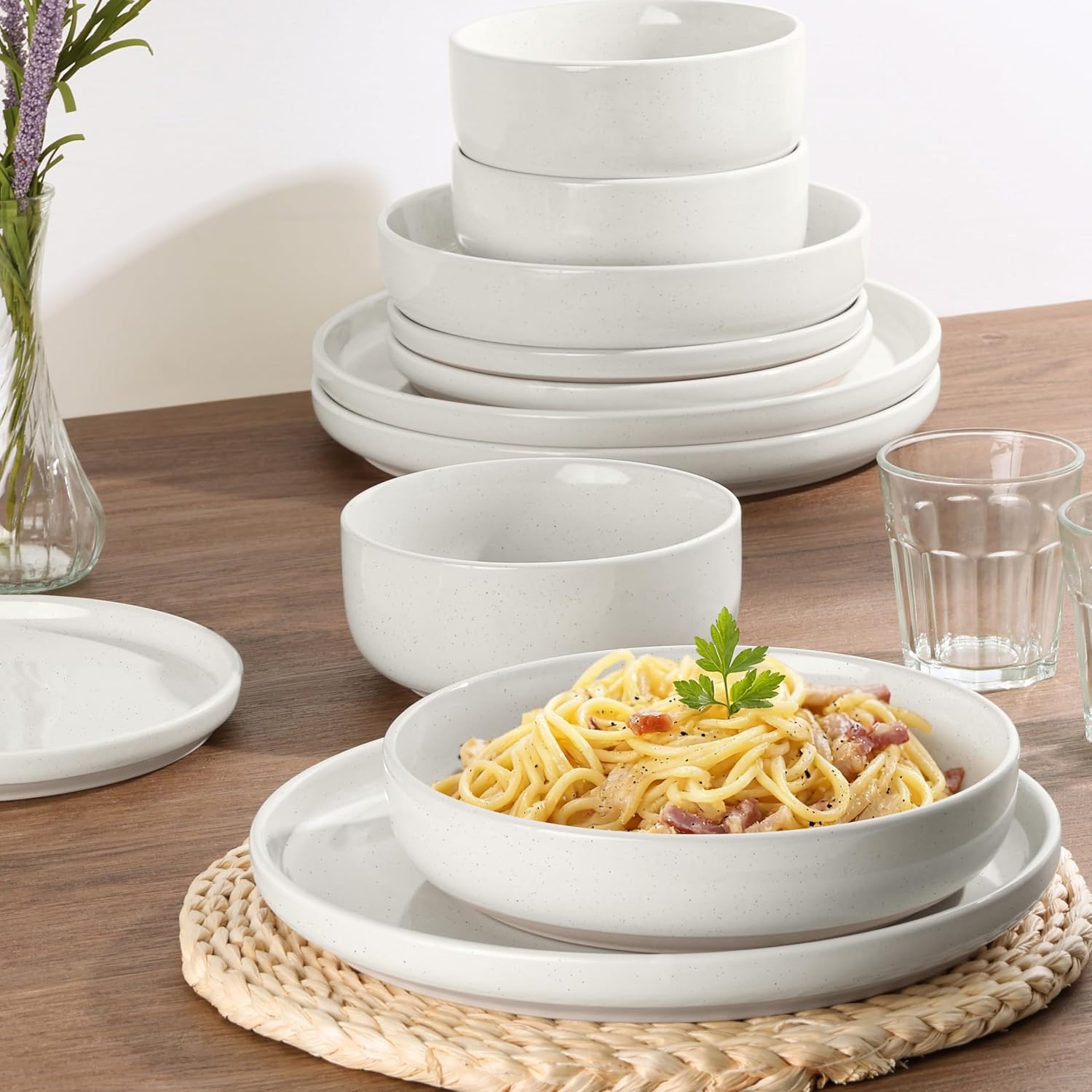 HaWare 24-Piece Plates and Bowls Set for 6, Stoneware Dinnerware Sets with Pasta Bowl, Dishes Set for Home Restaurant, Speckled Milky White