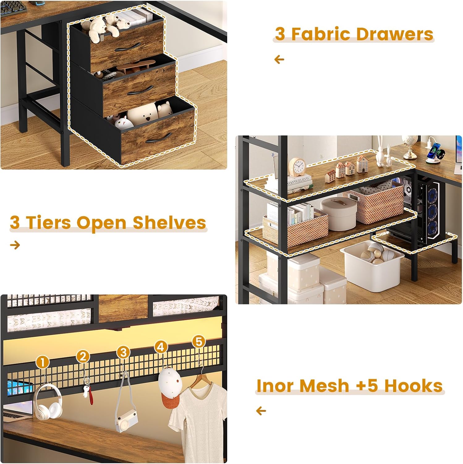 ADORNEVE Loft Bed Full Size with L-Shaped Desk, 3 Storage Drawers, Power Outlet, 3 Storage Shelves, Metal Loft Bed Frame with RGB Lights, Bed with Safety Guardrail & Ladders,Space-Saving,Rustic Brown