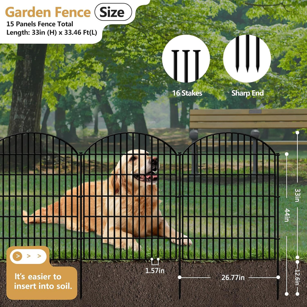 GILPWA 15 Panels Decorative Garden Metal Fence, 33in (H) x 33.46ft (L) No Dig Dog Fencing for Outdoor Yard, Rustproof Animal Ground Stakes Temporary Panel Border Barrier for Patio Flower Bed Camping